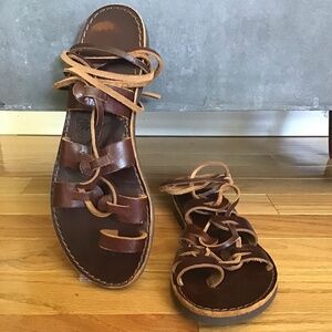 Authentic Handmade Brown Leather Strappy Greek Tie Wrap Sandals - SZ 37